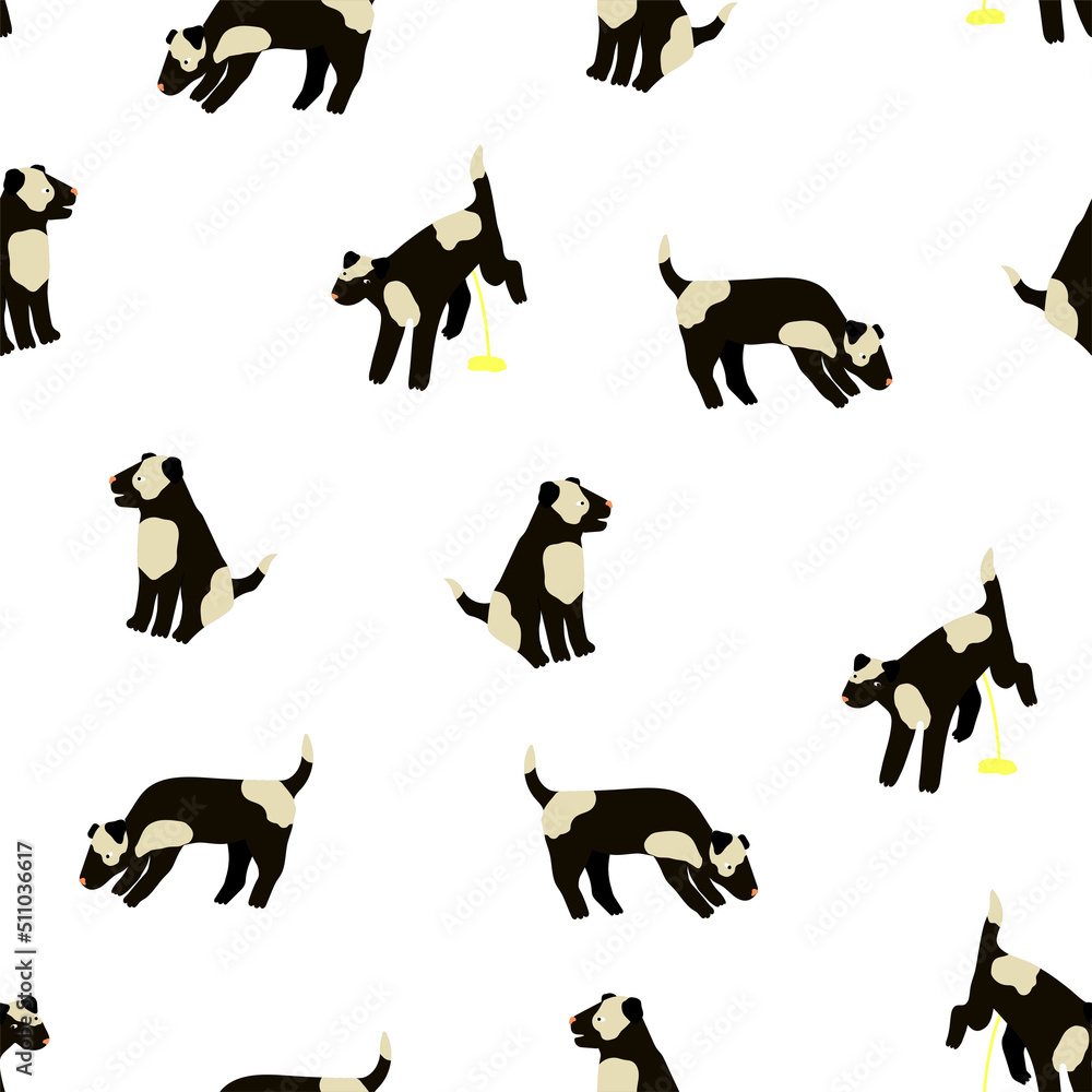 Cute funny seamless pattern with black and white pissing dog on gree background. Stylish dog seamless design in naive childish style for wrapping paper, textile, wallpaper, pet's things.