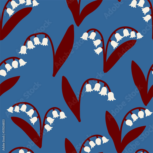 Stylish floral seamless pattern with abstract lilies of the valley flowers on blue background. Retro floral design for wallpaper,design paper or bedding.