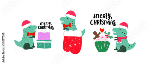 Cute Christmas dinosaur. Tyrannosaurus T rex set dino in Christmas socks, cupcake, Santa hat. Funny hand drawn cartoon vector winter holiday illustration.