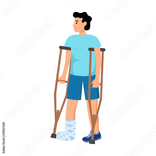 Young man with broken leg in flat design on white background.
