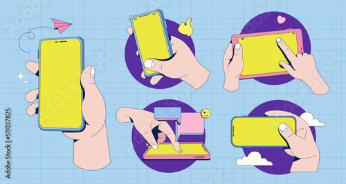 Flat vector hands with phones. Hands holding phones and tablet in different view. Empty screens mock up. Speech bubble with icon app. Background in retro style with modern drawing.