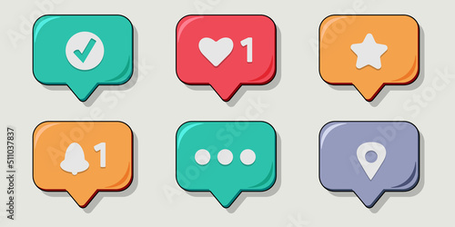 Icons set of web symbol location, message, like, recommendation, search, check mark. Mobile user interface, website elements. Colored icons