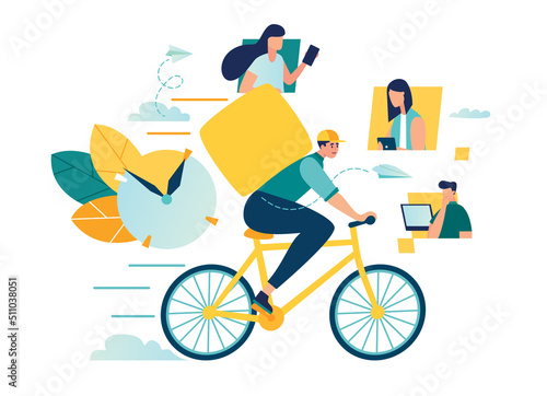 Bicycle courier express delivery service. online food delivery courier delivery man on bicycle with parcel on his back food box. vector illustration. smart food delivery bike