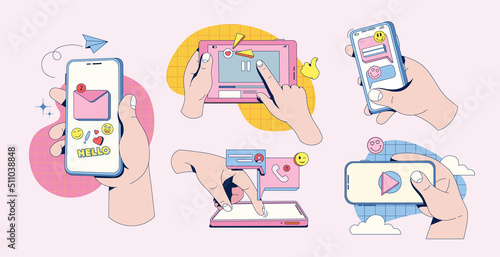 Flat vector hands with phones. Hands holding phones and tablet in different view. Speech bubble with icon app. Background in retro style with modern drawing. Illustration social network in your phone.