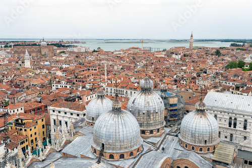 View of the domes of the St Mark's Basilica in Venice from the St Mark's Campanile