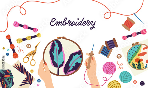 Creative embroidery  workshop. Template banner educational courses. Vector hand drawn illustration in cartoon flat style.