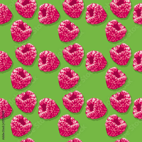 Seamless pop art pattern with raspberries on green background