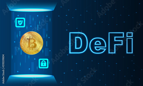 DeFi, Decentralized Finance banner for decentralized financial system, fintech concept futuristic design. photo