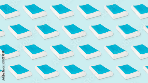 Orthopedic gel pillow pattern on the blue pastel background. Isometric wallpaper. Concept of the healthy sleeping