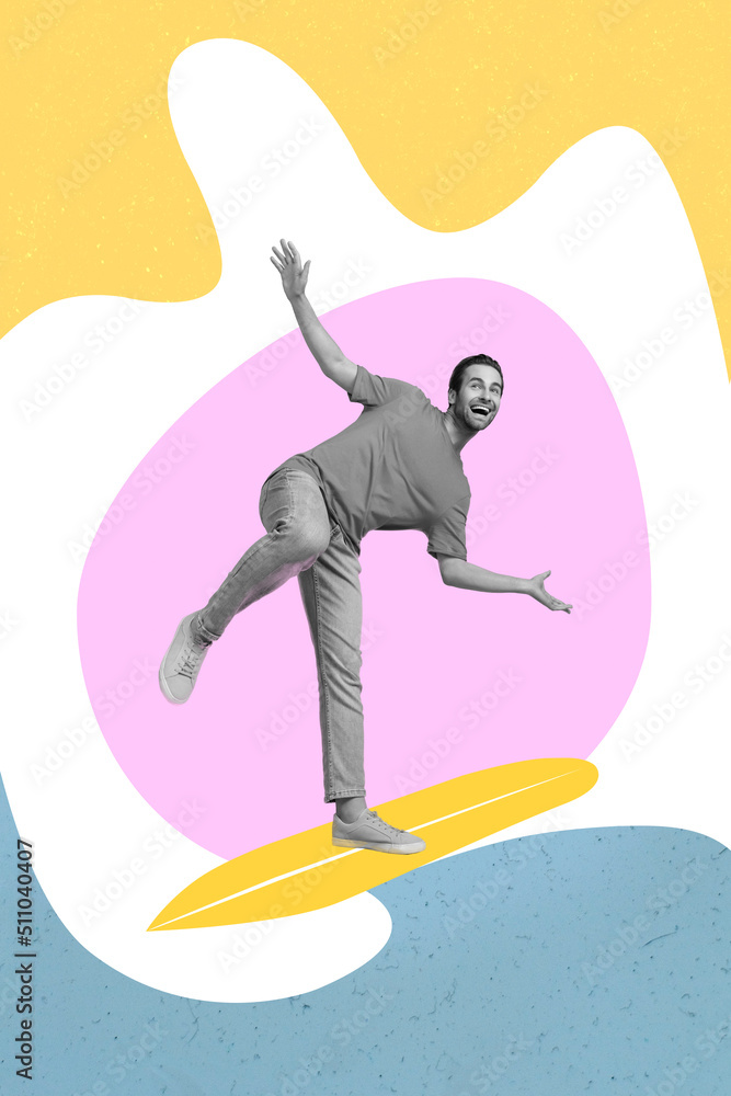 Fototapete Vertical composite picture of excited person black white colors surfing drawing