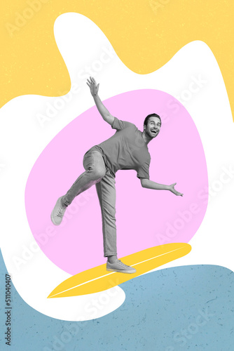 Photography Vertical composite picture of excited person black white colors surfing drawing