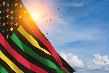 Alternative Juneteenth Flag with flying birds in blue cloudy sky. Since 1865. Design of Banner with place for text. 3d-rendering.