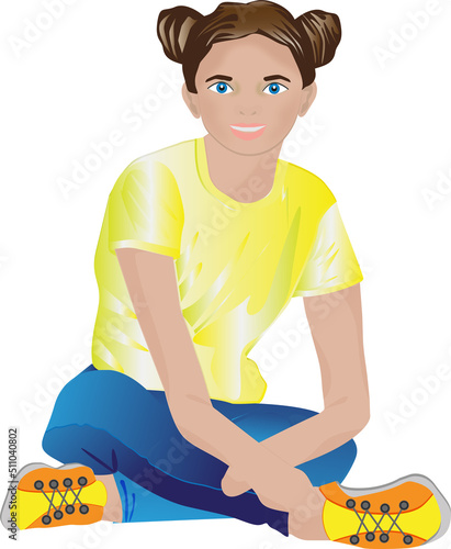 young girl sittiıng on the floor, wearing yellow tishirt and blue jeans