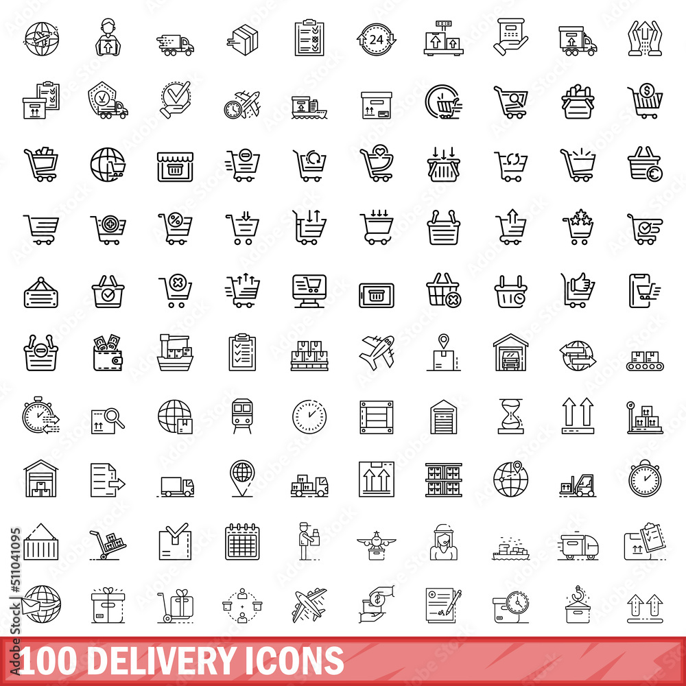 100 delivery icons set. Outline illustration of 100 delivery icons vector set isolated on white background 100 delivery icons set. Outline illustration of 100 delivery icons vector set isolated on white background