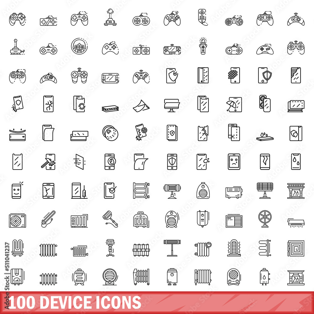 100 device icons set. Outline illustration of 100 device icons vector set isolated on white background 100 device icons set. Outline illustration of 100 device icons vector set isolated on white background