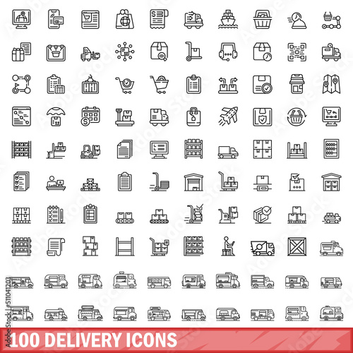 100 delivery icons set. Outline illustration of 100 delivery icons vector set isolated on white background