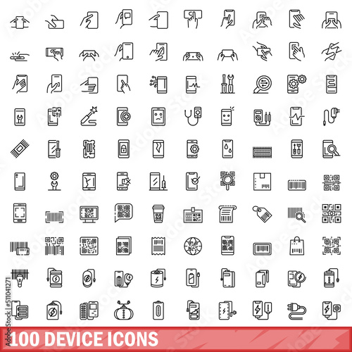 100 device icons set. Outline illustration of 100 device icons vector set isolated on white background