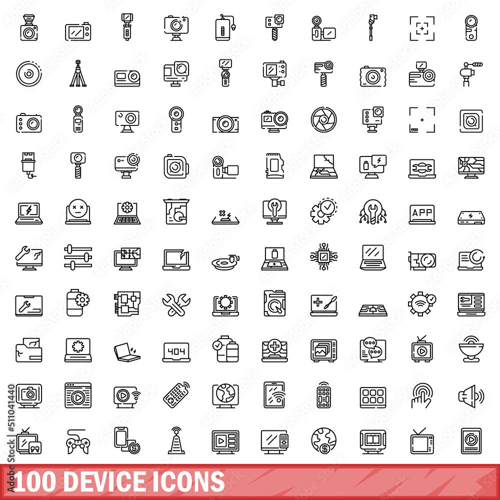100 device icons set. Outline illustration of 100 device icons vector set isolated on white background 100 device icons set. Outline illustration of 100 device icons vector set isolated on white background