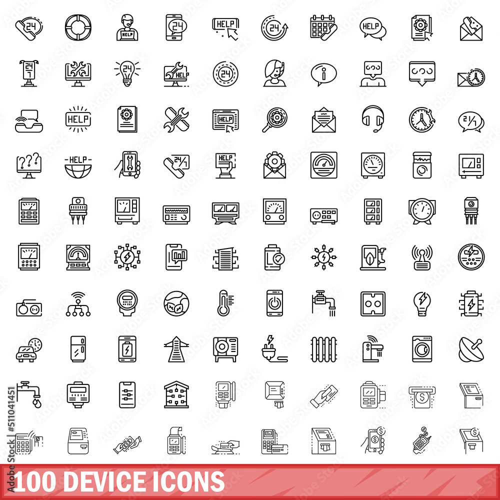 100 device icons set. Outline illustration of 100 device icons vector set isolated on white background 100 device icons set. Outline illustration of 100 device icons vector set isolated on white background