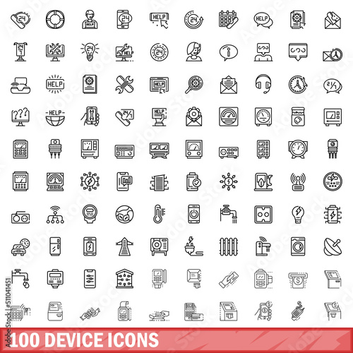 100 device icons set. Outline illustration of 100 device icons vector set isolated on white background