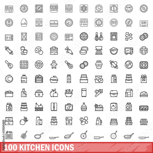 100 kitchen icons set. Outline illustration of 100 kitchen icons vector set isolated on white background