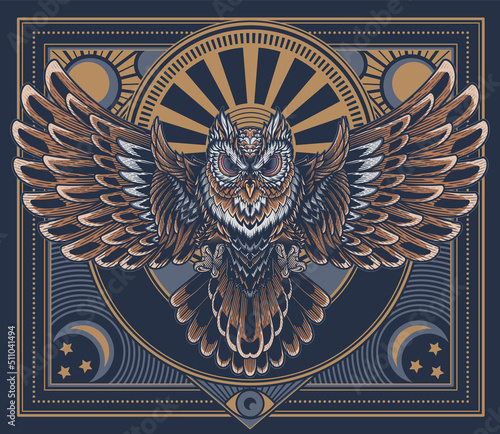 Flying owl poster. Vector illustration in engraving technique of an owl swooping with claws out and wings outstretched on ornamental frame and vintage celestial background in art deco style. photo
