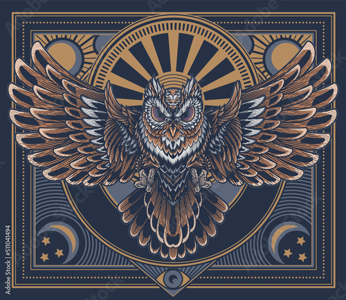 Flying owl poster. Vector illustration in engraving technique of an owl swooping with claws out and wings outstretched on ornamental frame and vintage celestial background in art deco style.