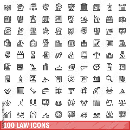 100 law icons set. Outline illustration of 100 law icons vector set isolated on white background