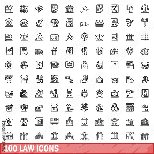 100 law icons set. Outline illustration of 100 law icons vector set isolated on white background