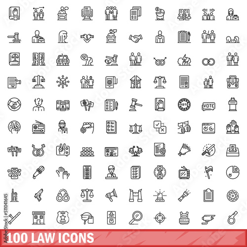 100 law icons set. Outline illustration of 100 law icons vector set isolated on white background