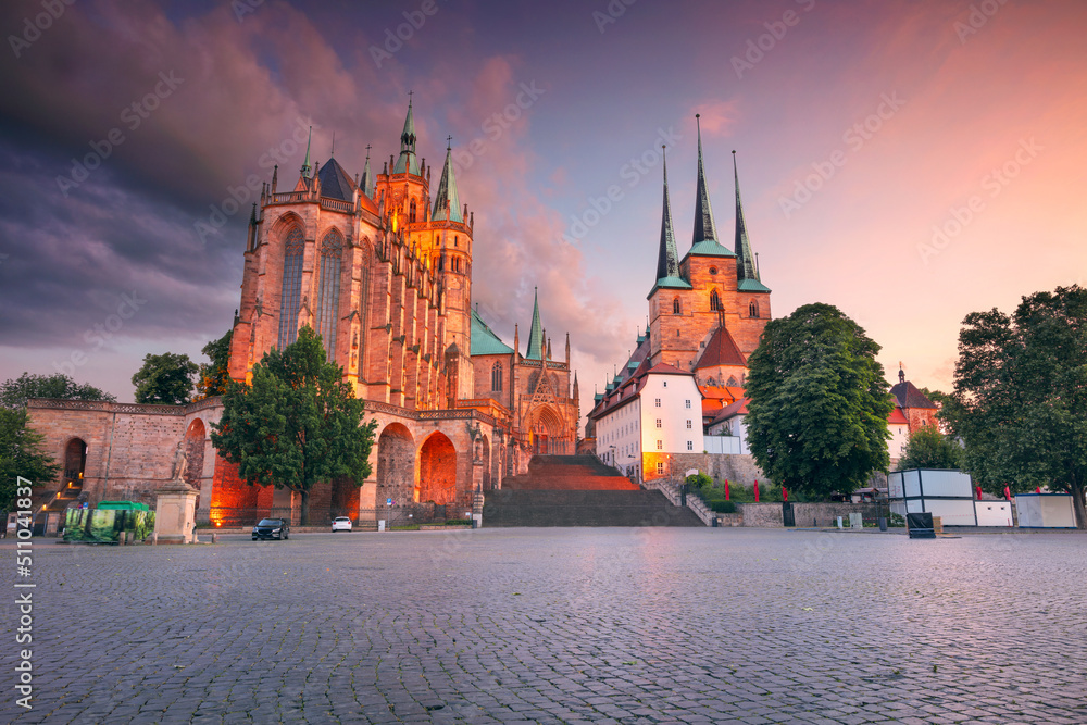 Erfurt, Germany. Cityscape image of downtown Erfurt, Germany with Erfurt Cathedral at summer sunset.