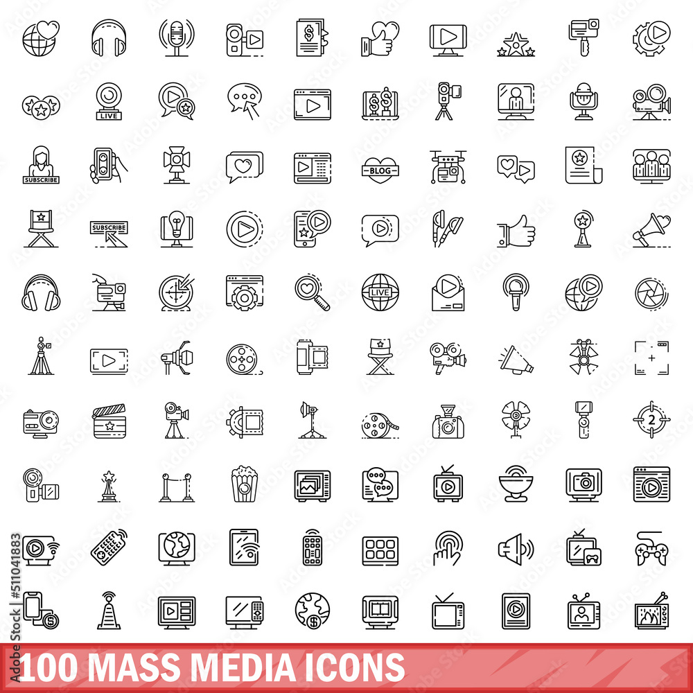 100 mass media icons set. Outline illustration of 100 mass media icons vector set isolated on white background 100 mass media icons set. Outline illustration of 100 mass media icons vector set isolated on white background