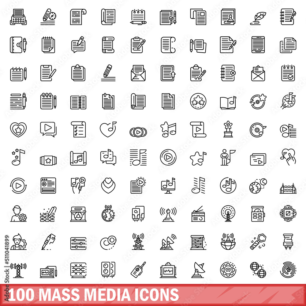 100 mass media icons set. Outline illustration of 100 mass media icons vector set isolated on white background 100 mass media icons set. Outline illustration of 100 mass media icons vector set isolated on white background