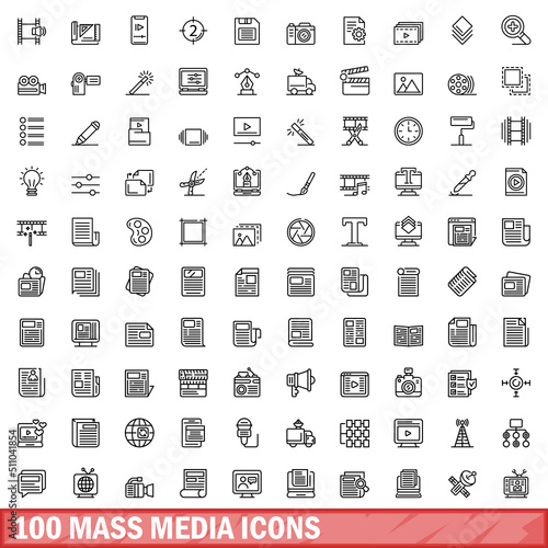 100 mass media icons set. Outline illustration of 100 mass media icons vector set isolated on white background