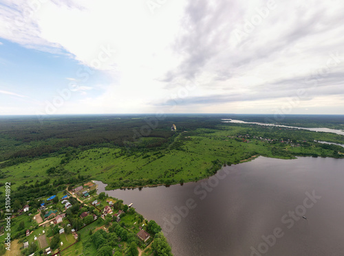 Fototapeta Naklejka Na Ścianę i Meble -  panoramic views from a drone of the surroundings of Kalyazin with a bell tower and a reservoir
