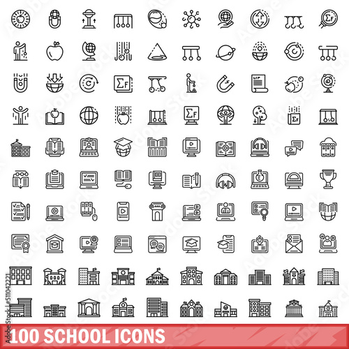 100 school icons set. Outline illustration of 100 school icons vector set isolated on white background