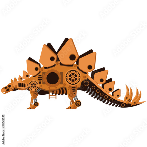 Stegosaurus drawing in steampunk style. Vector illustration on the theme of dinosaurs on a white isolated background.