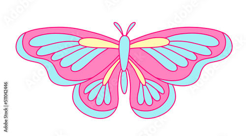 The illustration of a colorful butterfly in blue and pink colors. Nostalgia for the 2000 years. Y2k style.