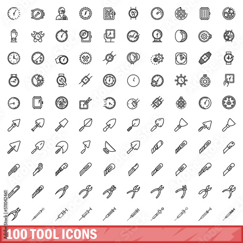100 tool icons set. Outline illustration of 100 tool icons vector set isolated on white background