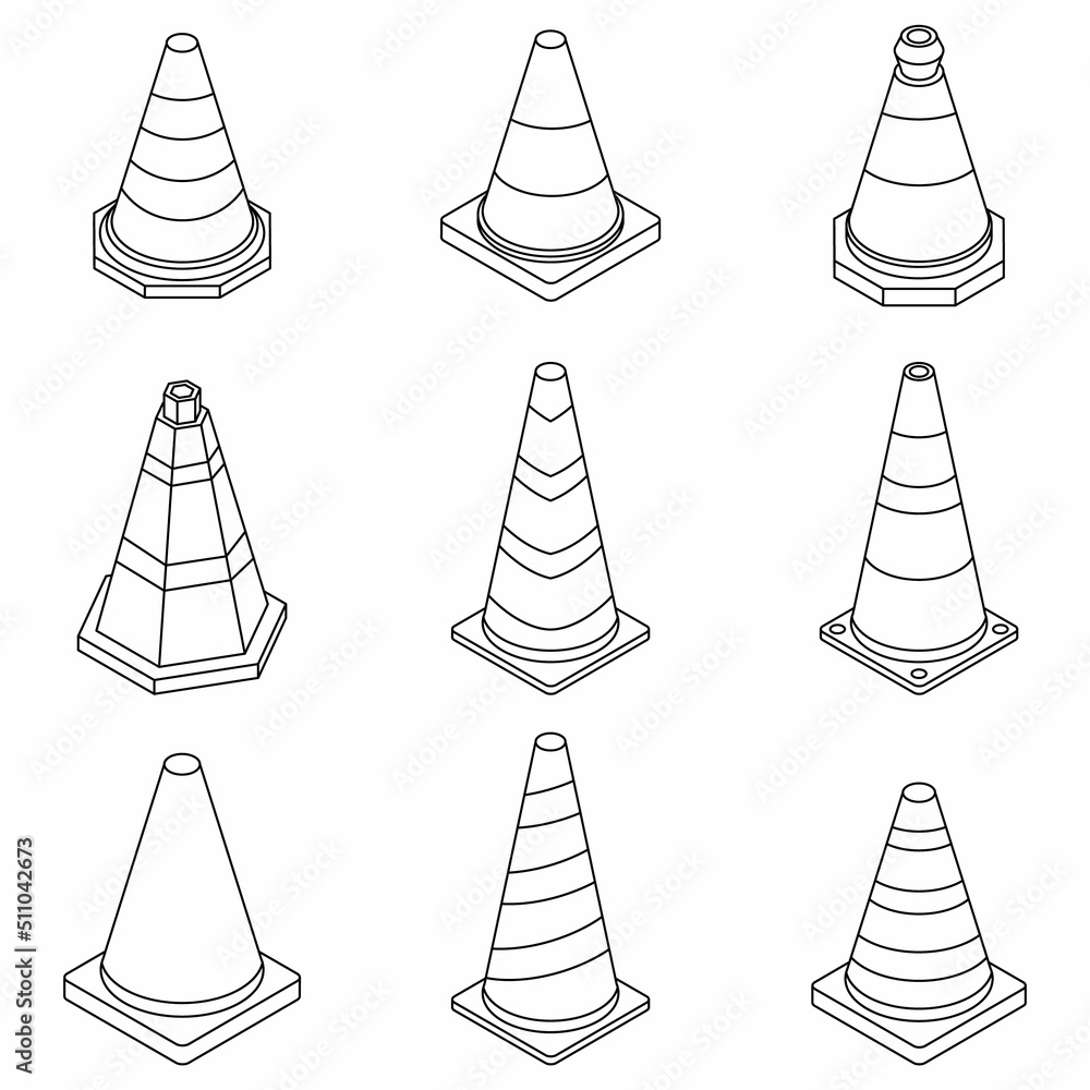 Cone traffic icon set. Isometric set of cone traffic vector icons outline isolated on white background Cone traffic icon set. Isometric set of cone traffic vector icons outline isolated on white background