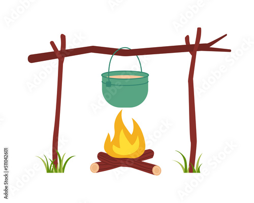 Cooking on a campfire in a pot. Camping lunch, preparation of tourist soup. Eating on a bonfire outdoors. Isolated flat vector illustration