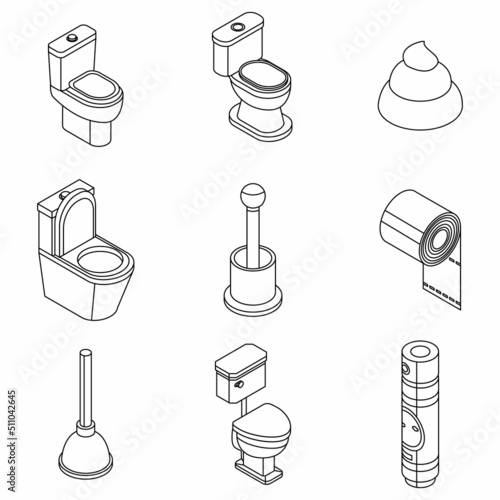 Toilet bathroom icon set. Isometric set of toilet bathroom vector icons outline isolated on white background