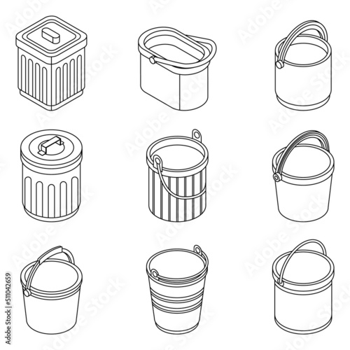 Bucket icon set. Isometric set of bucket vector icons outline isolated on white background