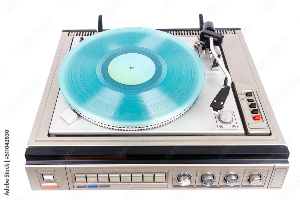 Fototapeta premium Vintage turntable record player with turquoise vinyl