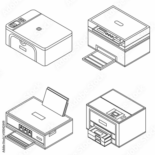 Printer icon set. Isometric set of printer vector icons outline isolated on white background