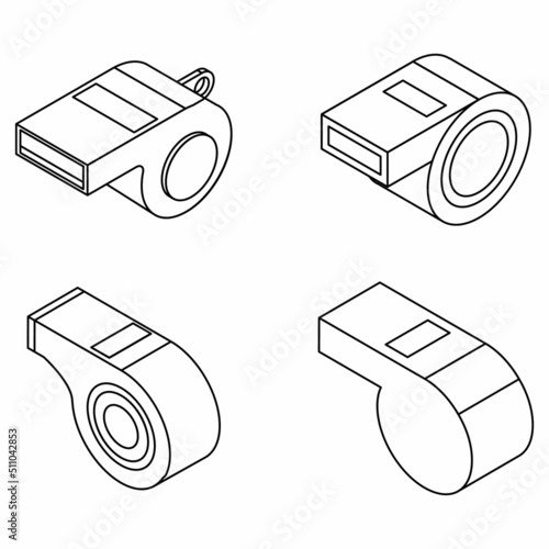 Whistle icon set. Isometric set of whistle vector icons outline isolated on white background