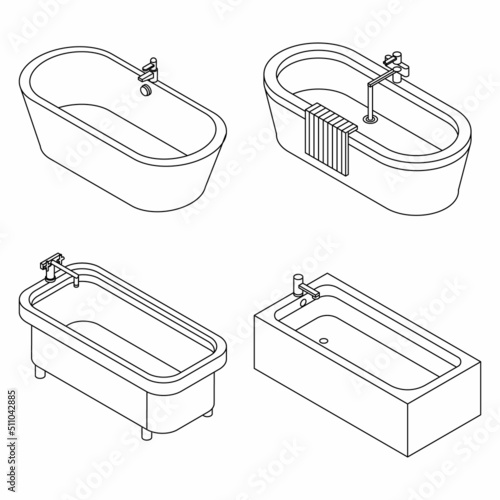 Bathtub icon set. Isometric set of bathtub vector icons outline isolated on white background