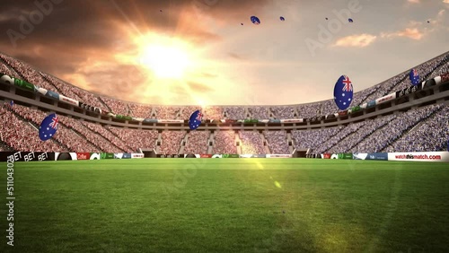 Animation of balls with australian flag floating over sports stadium photo