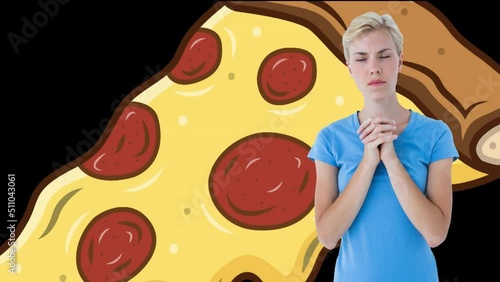 Animation of pizzza slices floating over caucasian woman praying photo