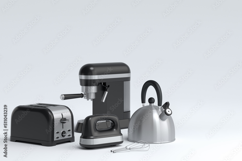 Espresso coffee machine, hand mixer, kettle and toaster on white background. Espresso coffee machine, hand mixer, kettle and toaster on white background.